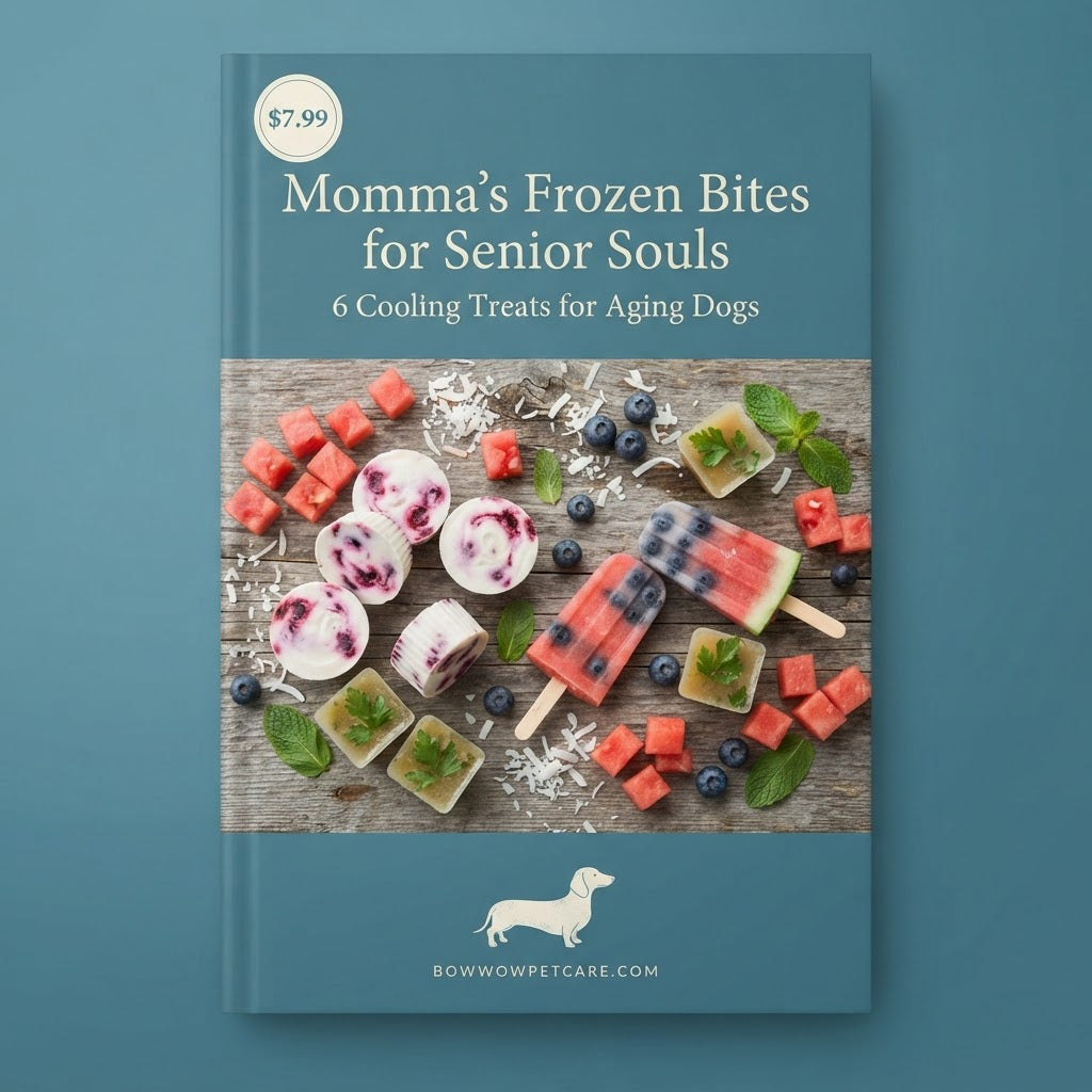 A book cover for 'Momma's Frozen Bites for Senior Souls' by Bow Wow Pet Care, featuring a teal background with a central food photo of fruit popsicles and frozen treats, and a dachshund silhouette at the bottom.