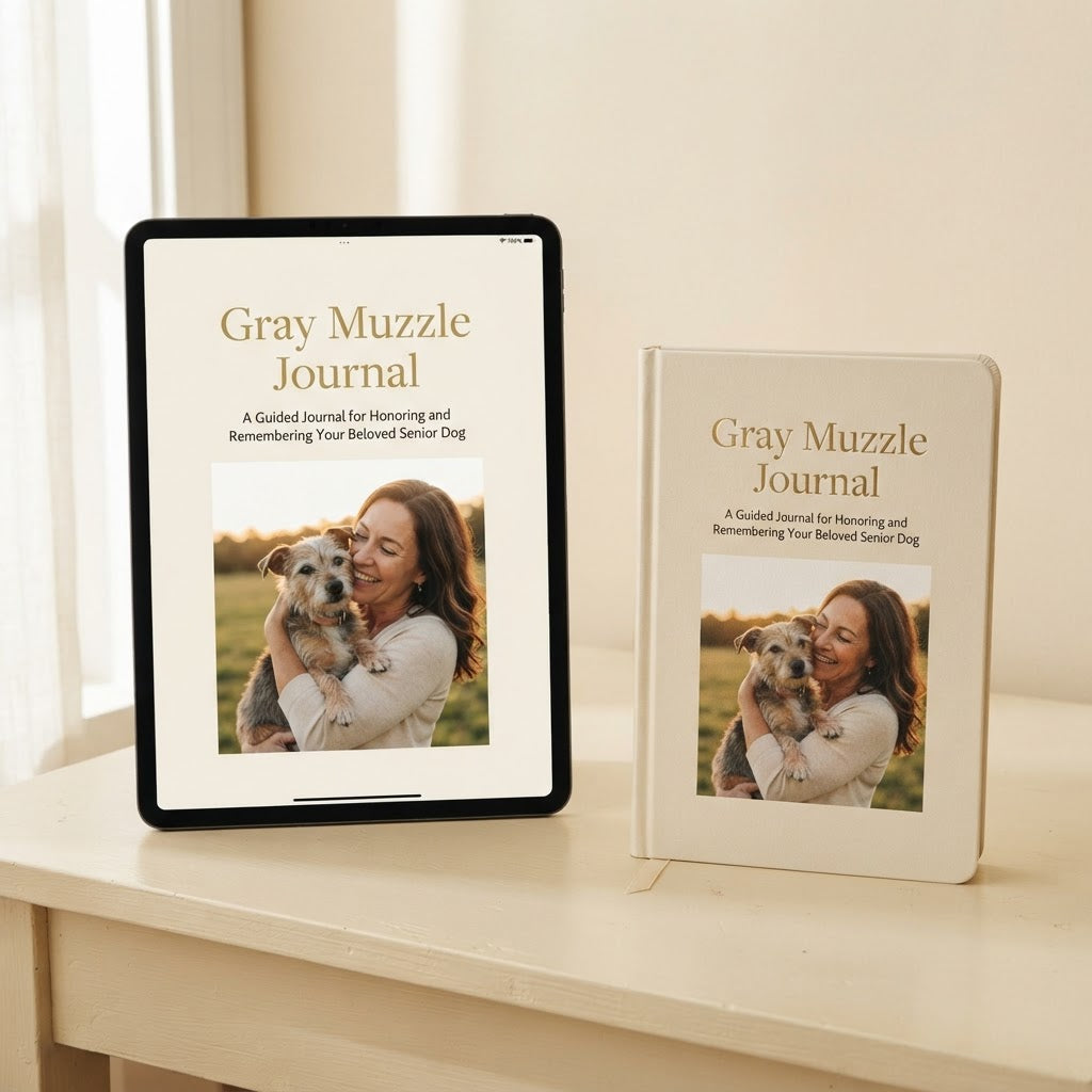 A tablet and a hardcover journal both displaying the cover of the Gray Muzzle Journal, set on a light wood table in a softly lit indoor setting.