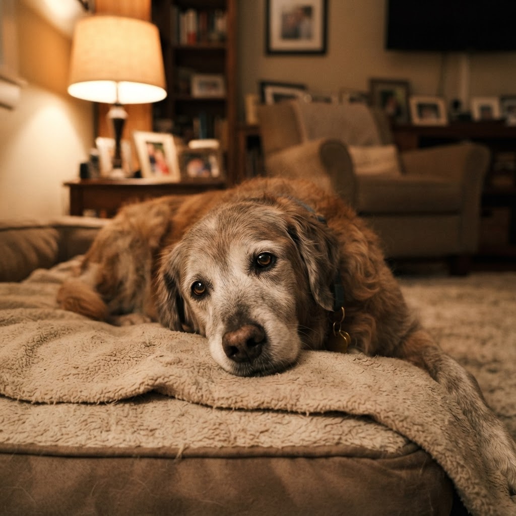 A warm, cozy living room scene with an older golden retriever lying on a plush beige blanket on a couch, looking directly at the camera.