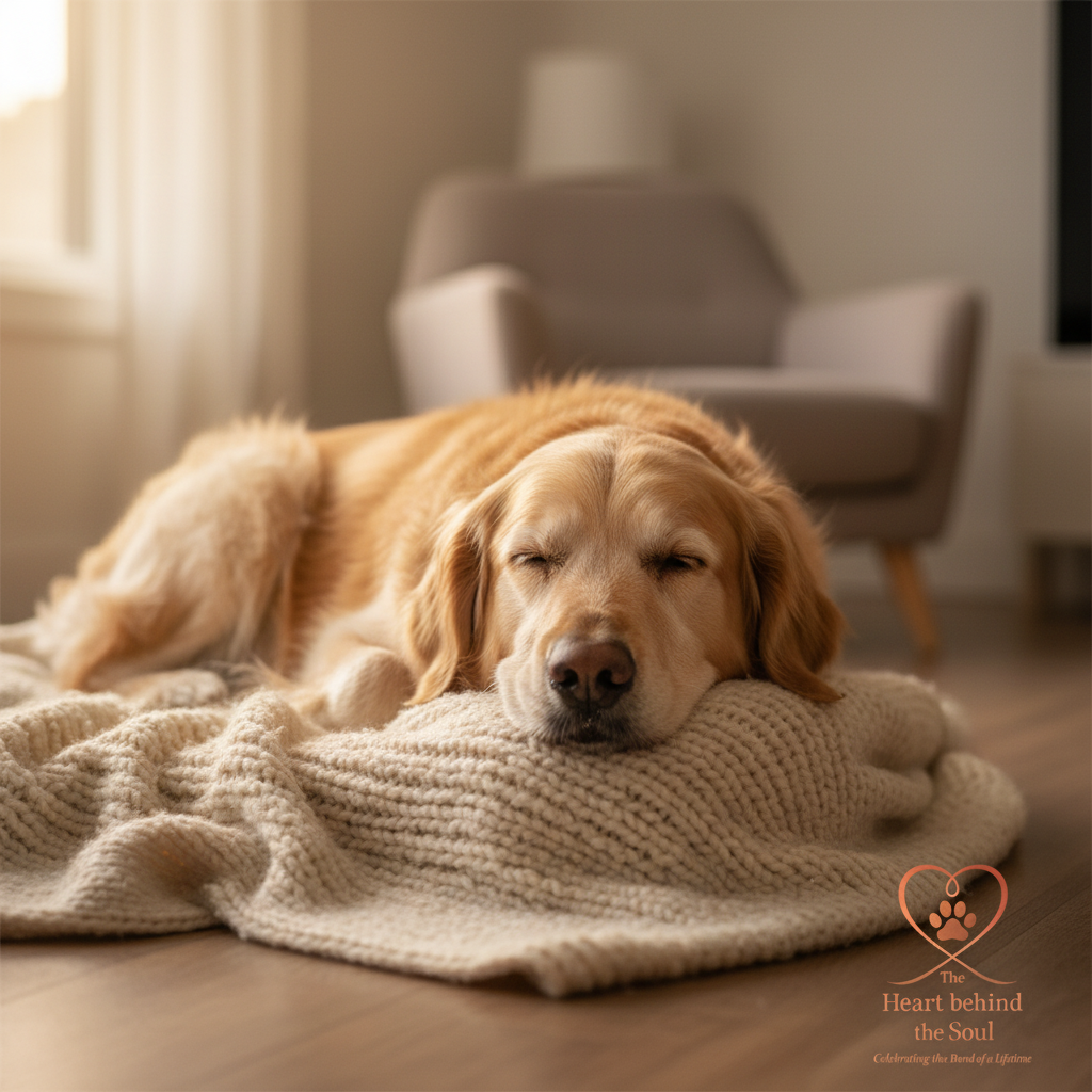 Senior dog resting with logo