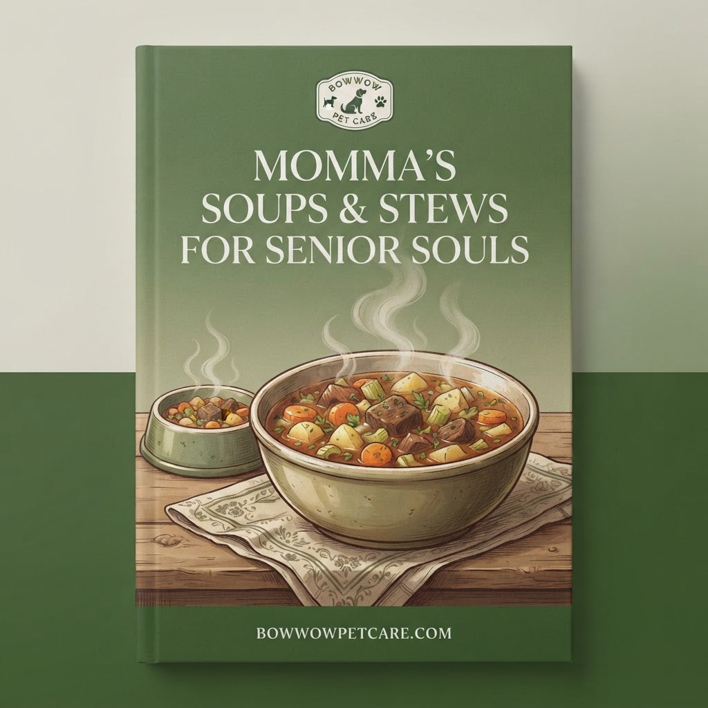 A hardcover book titled "Momma's Soups & Stews for Senior Souls" by Bow Wow Pet Care, featuring an illustration of a steaming bowl of vegetable soup on the cover, set against a split beige and dark green background.