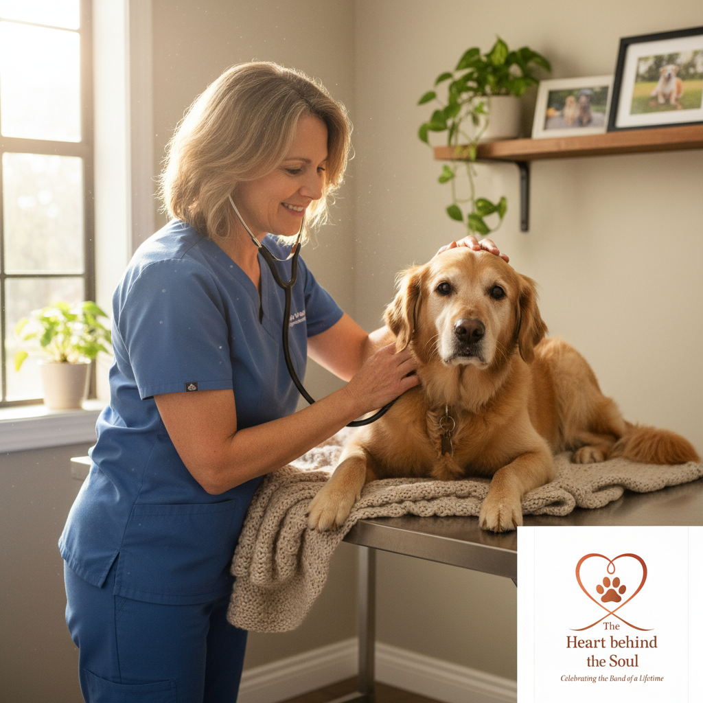Vet with senior dog with logo