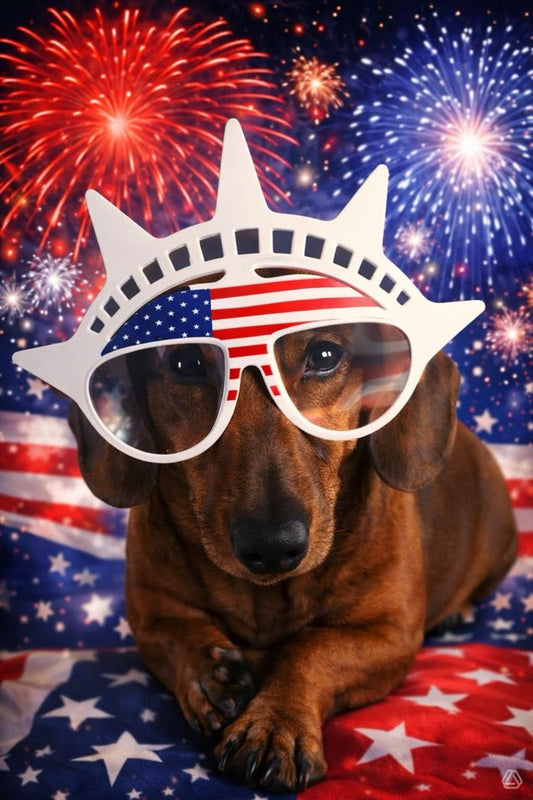 Mr. Weenie the dachshund wearing patriotic Statue of Liberty glasses surrounded by fireworks, representing 4th of July safety for senior dogs.