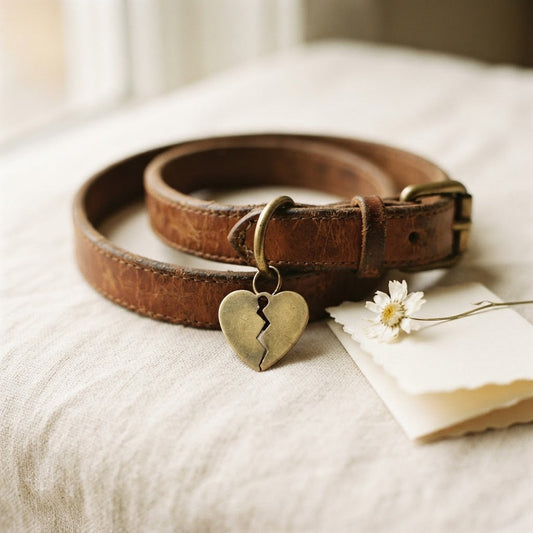 Worn leather dog collar with broken heart charm beside a handwritten note and daisy — 5 Things I Wish I'd Had When My Dog Started Getting Older