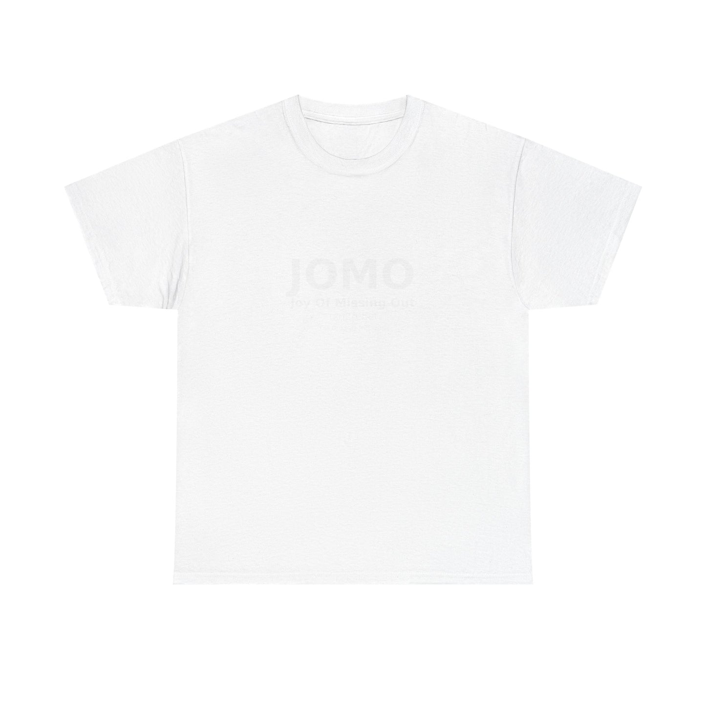 JOMO Minimalist White Tee — 'JOMO' Subtle Chest Print, Casual Everyday T-Shirt