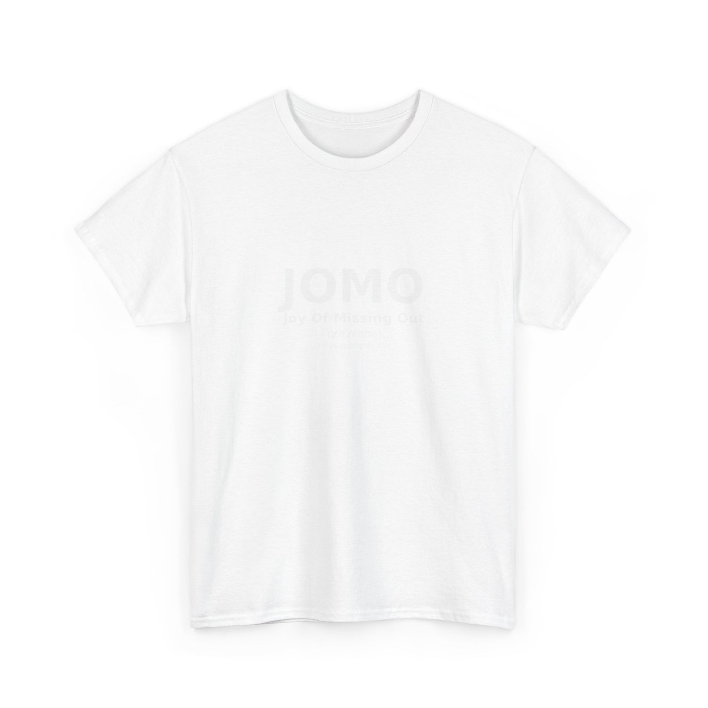 JOMO Minimalist White Tee — 'JOMO' Subtle Chest Print, Casual Everyday T-Shirt