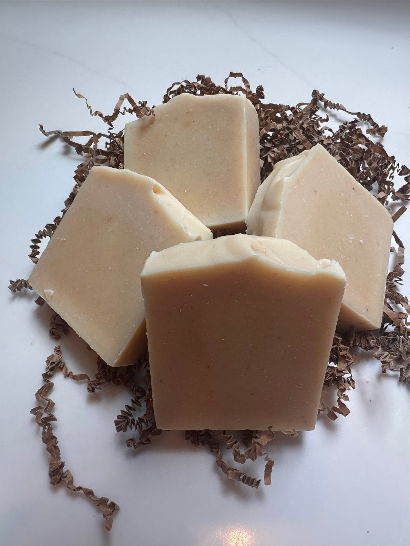 Four rectangular bars of pale beige soap arranged on brown shredded paper against a white background.
