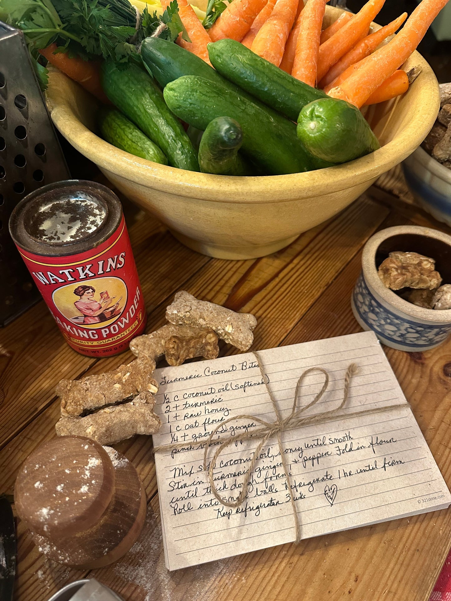 Recipe cards with fresh vegetables bowl and baked bone-shaped treats