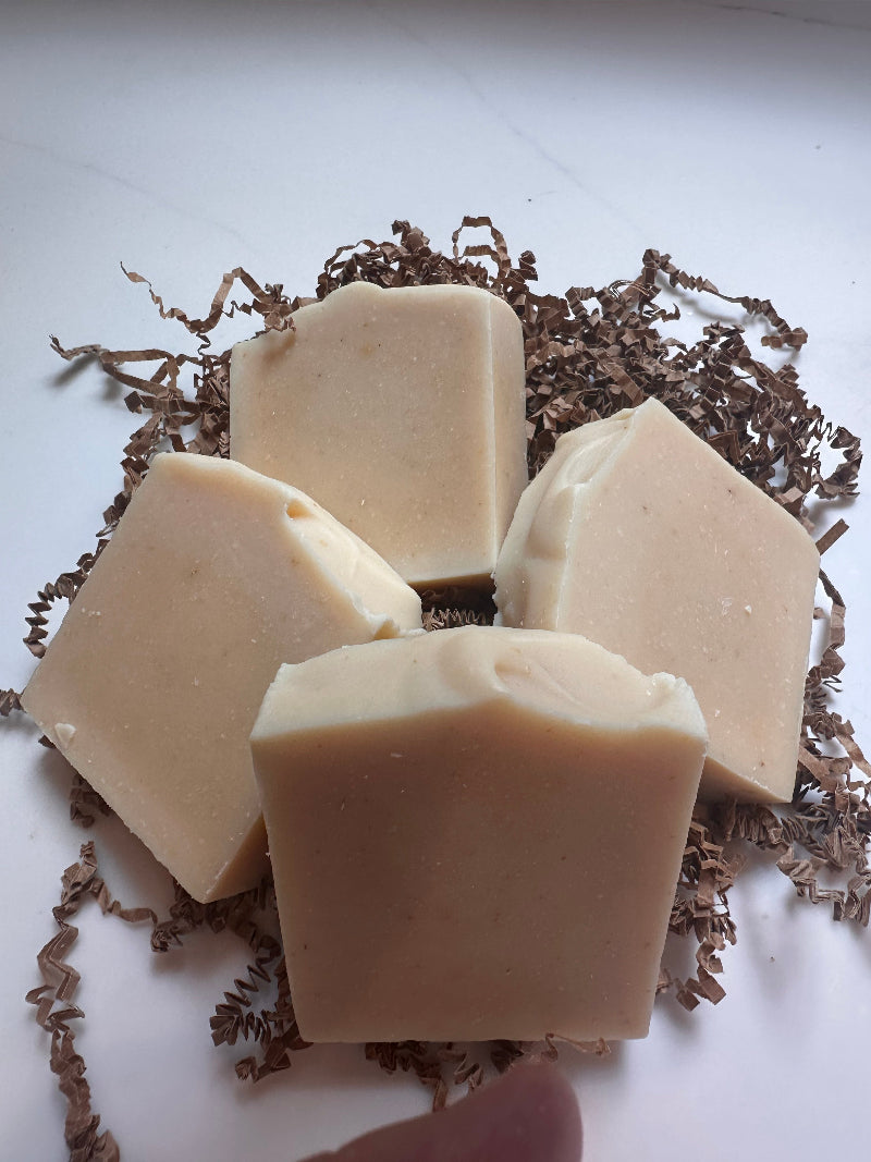 Four rectangular bars of pale beige handmade soap arranged on brown shredded paper against a white background.