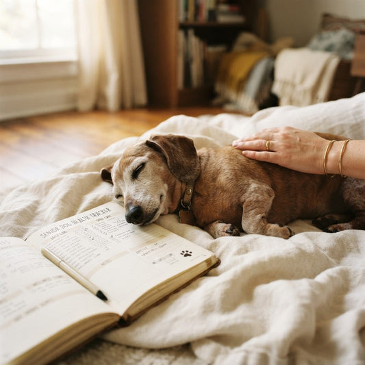A brown dachshund rests on a bed with a person's hand petting its back, next to an open book in a cozy bedroom setting.