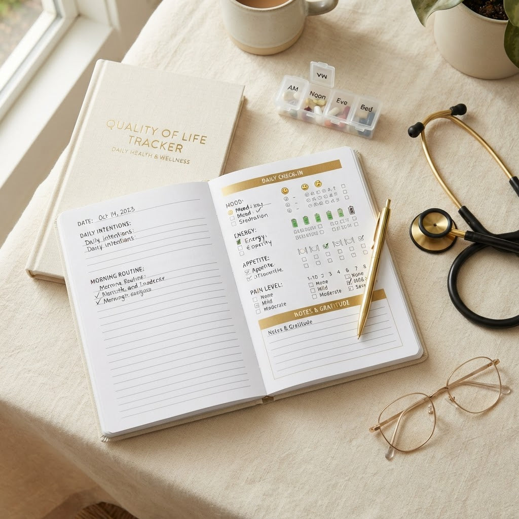 An open quality of life tracker planner lies on a cream fabric surface, with a matching closed book behind it. The scene includes a stethoscope, eyeglasses, a pill organizer, a mug, and a plant, creating a styled medical/lifestyle setup.