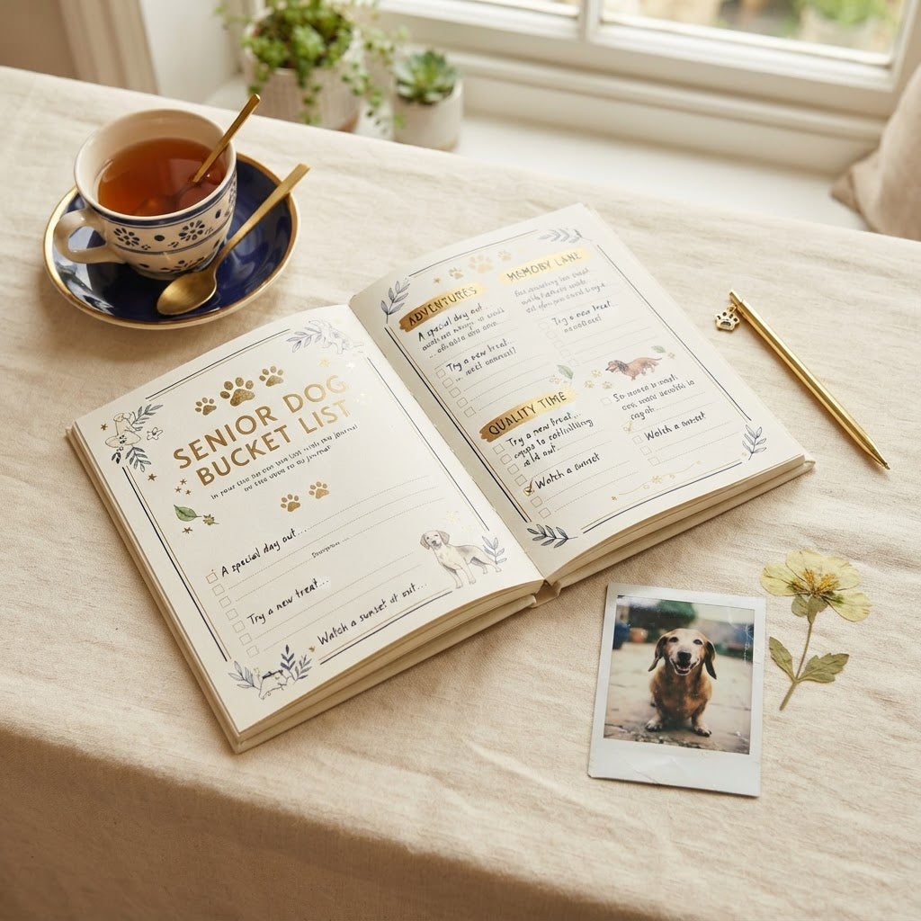 An open decorative notebook on a beige tablecloth by a window, with a cup of tea, a gold pen, and a small dog photo card nearby. The notebook pages show a 'Senior Dog Bucket List' cover page and lined sections for goals and reminders.