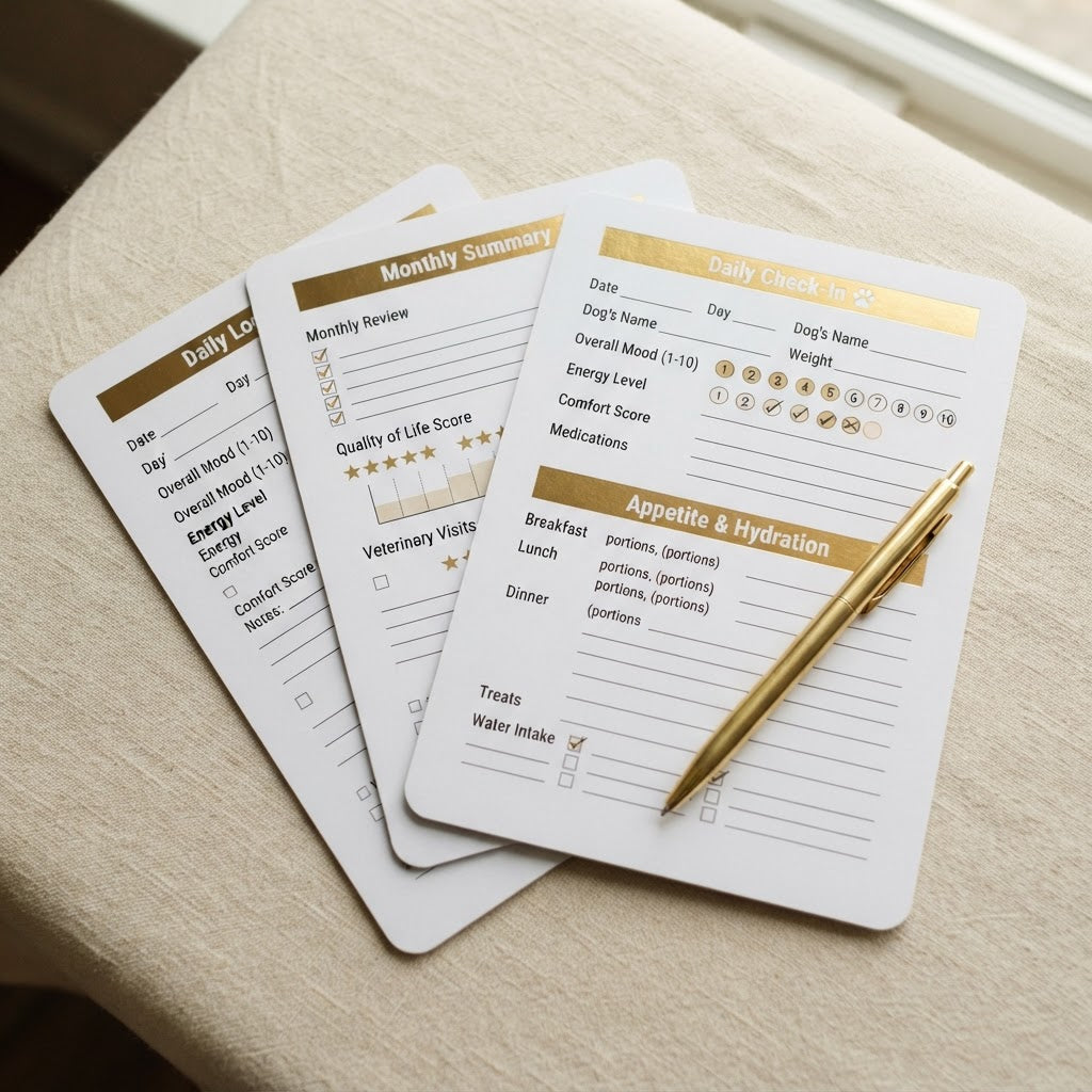 Three veterinary care check-in cards fanned out on a beige fabric surface, with a gold pen resting on the front card.