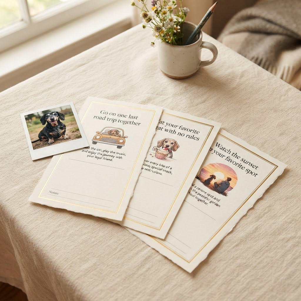 Four cream-colored paper cards with decorative gold borders and printed dog-themed quotes are arranged on a beige tablecloth. One card shows a small dog photo, and the others have handwritten spaces.