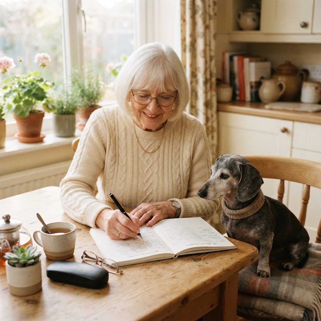 An elderly woman with white hair and glasses sits at a wooden table in a cozy kitchen, writing in an open notebook. A small gray dog sits beside her on a chair.