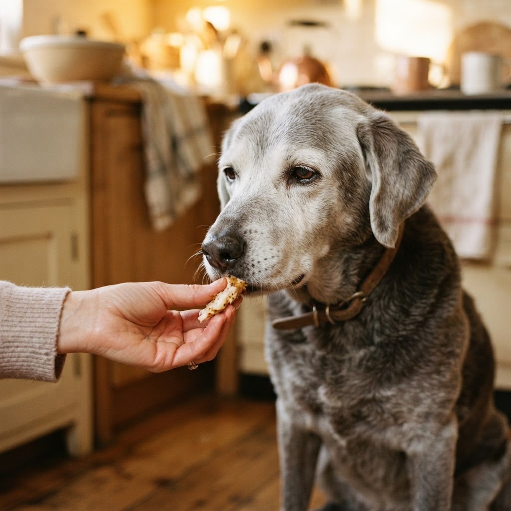 An older gray dog wearing a brown collar sits in a warm kitchen while a person's hand offers a small treat.