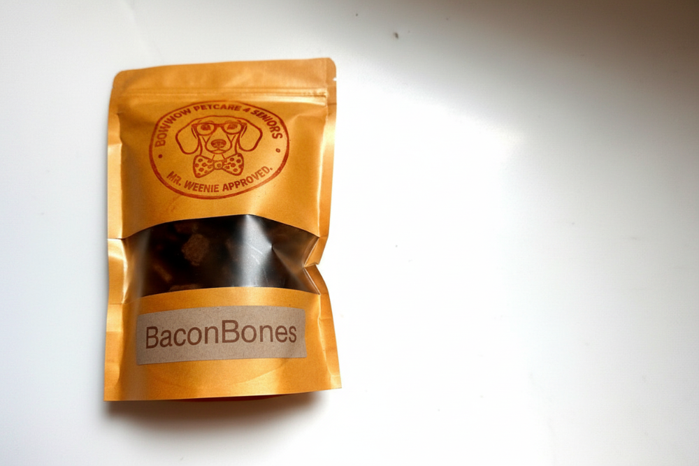 Savory bacon-flavored bone treats for picky senior dogs, baked using a century-old traditional recipe from Momma's Kitchen.