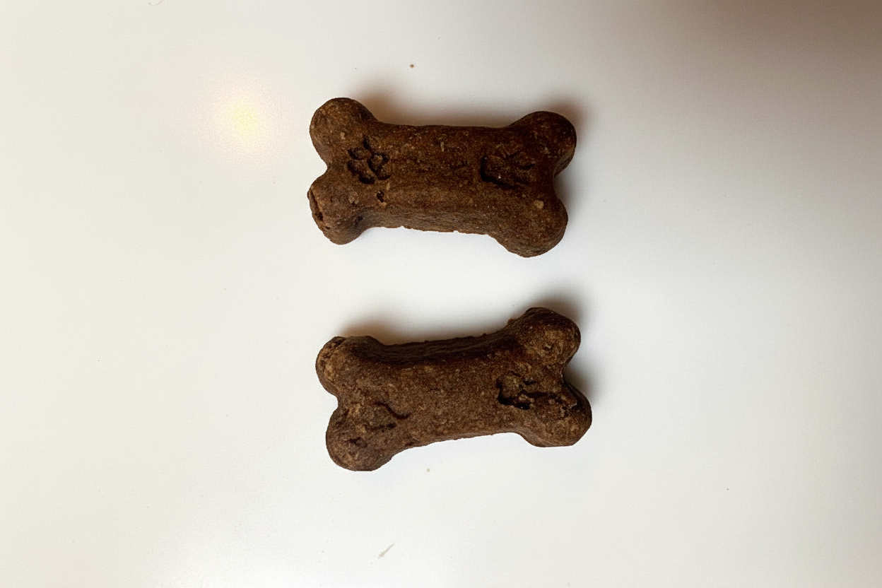Close-up of a savory bacon bone treat from Bowwow Pet Care, showcasing the golden-baked traditional family recipe crunch.