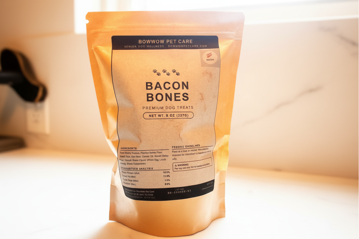Back of packaging for Bacon Bones dog treats, detailing the wholesome grains and strict quality safety standards.