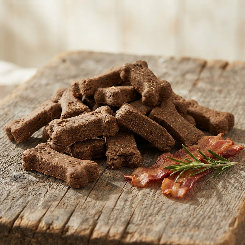 A pile of brown bone-shaped dog treats on a rustic wooden board, garnished with crispy bacon strips and a green rosemary sprig.