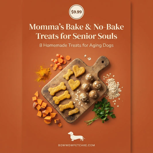 Promotional graphic for 'Momma's Bake & No-Bake Treats for Senior Souls' by Bow Wow Pet Care, showing homemade dog treats on a wooden cutting board with carrots, parsley, and oats on an orange-brown background.