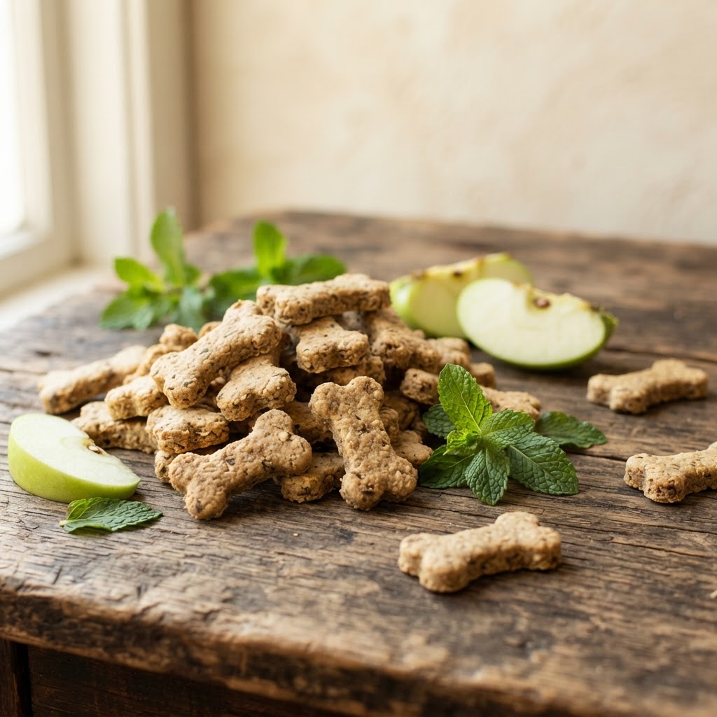 Better Breath Bites apple peppermint dog treats — bone-shaped biscuits with fresh mint leaves and green apple slices on rustic wood table
