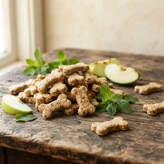 Better Breath Bites apple peppermint dog treats — bone-shaped biscuits with fresh mint leaves and green apple slices on rustic wood table
