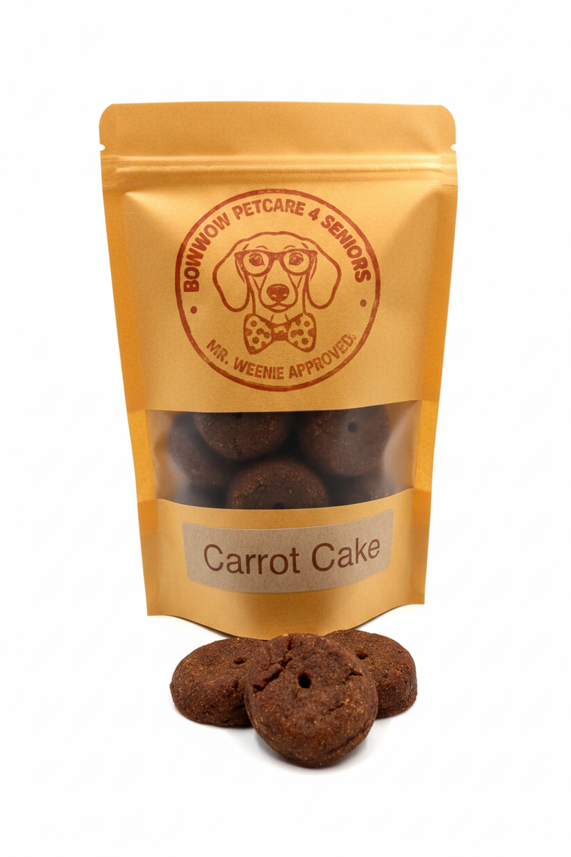Pillowy soft Carrot Cake gourmet dog treats for older dogs with sensitive teeth, baked with wholesome ingredients.