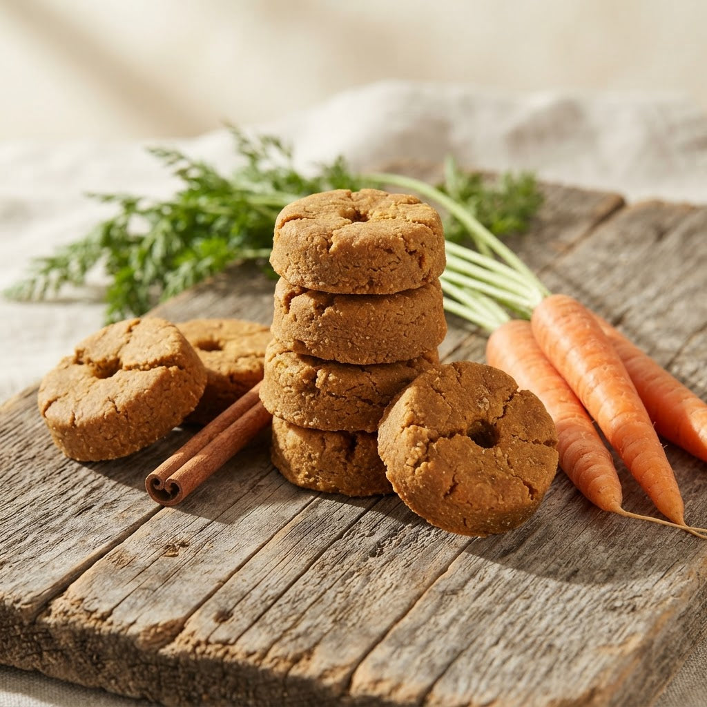 Five brown baked cookies with a hole in the center are arranged on a rustic wooden board, styled with carrots, a cinnamon stick, and green herbs against a soft neutral background.