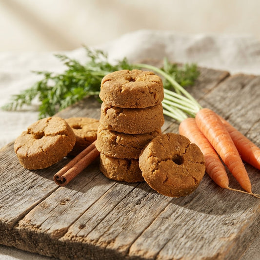 Five brown baked cookies with a hole in the center are arranged on a rustic wooden board, styled with carrots, a cinnamon stick, and green herbs against a soft neutral background.