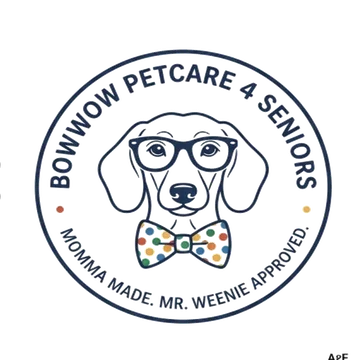 A circular logo-style graphic featuring a dachshund illustration with glasses and a polka-dot bow tie, surrounded by the text 'BOWWOW PETCARE 4 SENIORS' and 'MOMMA MADE, MR. WEENIE APPROVED.