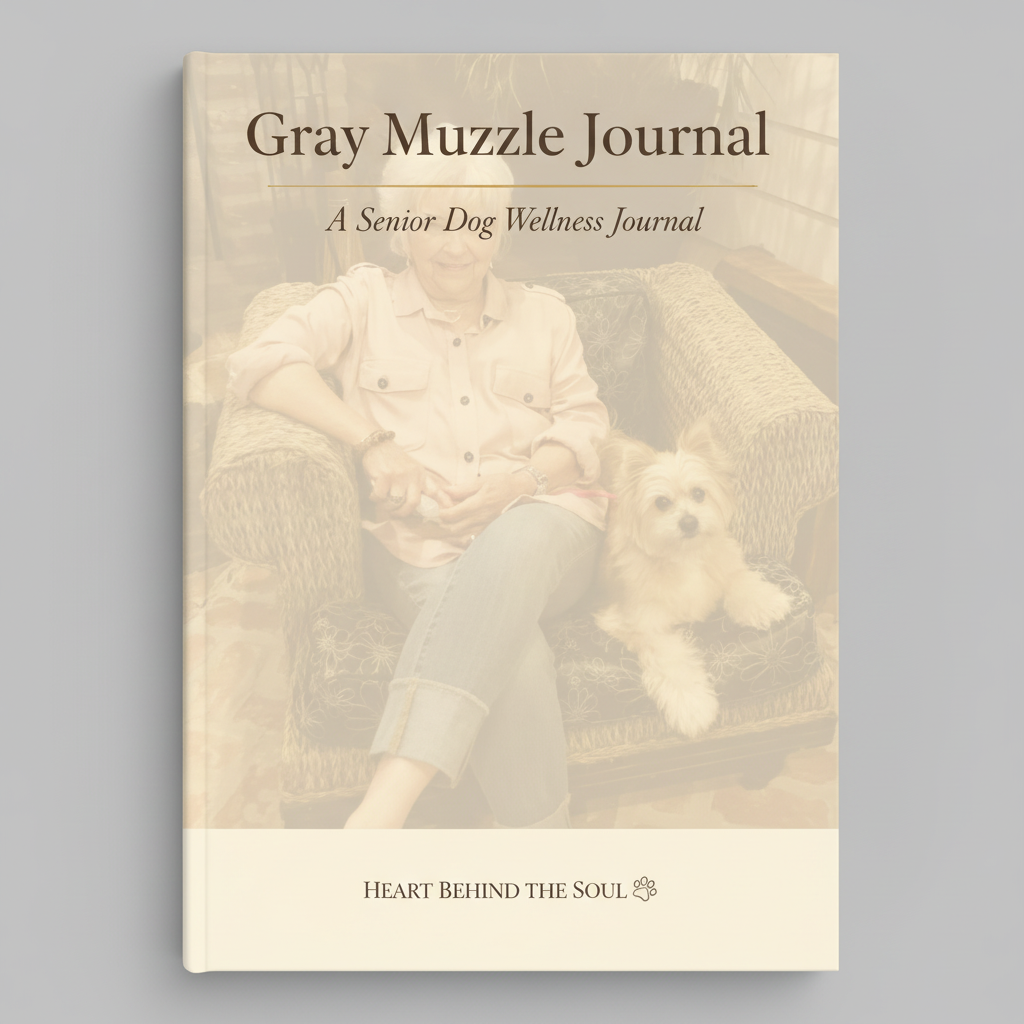 Gray Muzzle Journal: A Senior Dog Wellness Journal by Heart Behind the Soul, featuring a sepia-toned cover with a photo of a person and a dog sitting on an armchair.