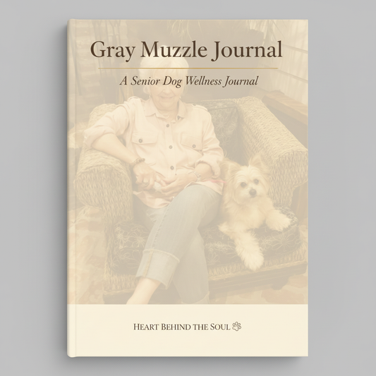 Gray Muzzle Journal: A Senior Dog Wellness Journal by Heart Behind the Soul, featuring a sepia-toned cover with a photo of a person and a dog sitting on an armchair.