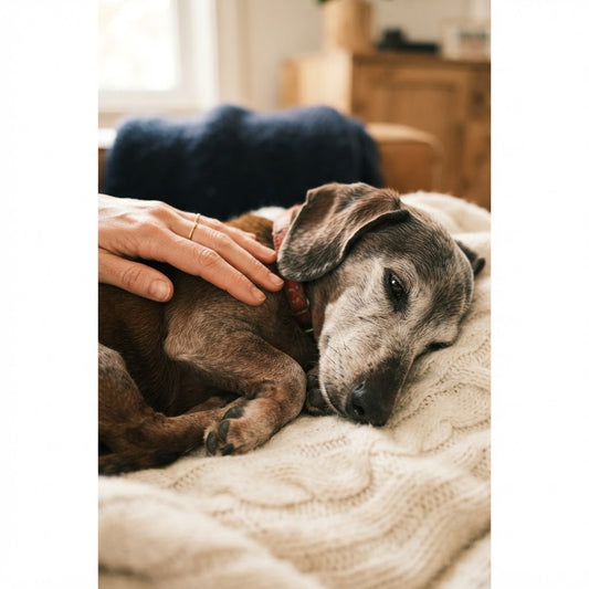 Senior dog with gray muzzle resting on a cream blanket, owner's gentle hand on their back — IVDD guide for dachshund moms