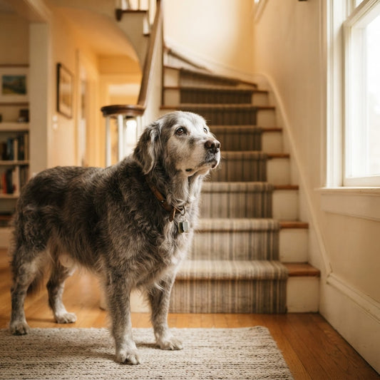 Senior dog standing at the bottom of the stairs looking up — canine arthritis guide