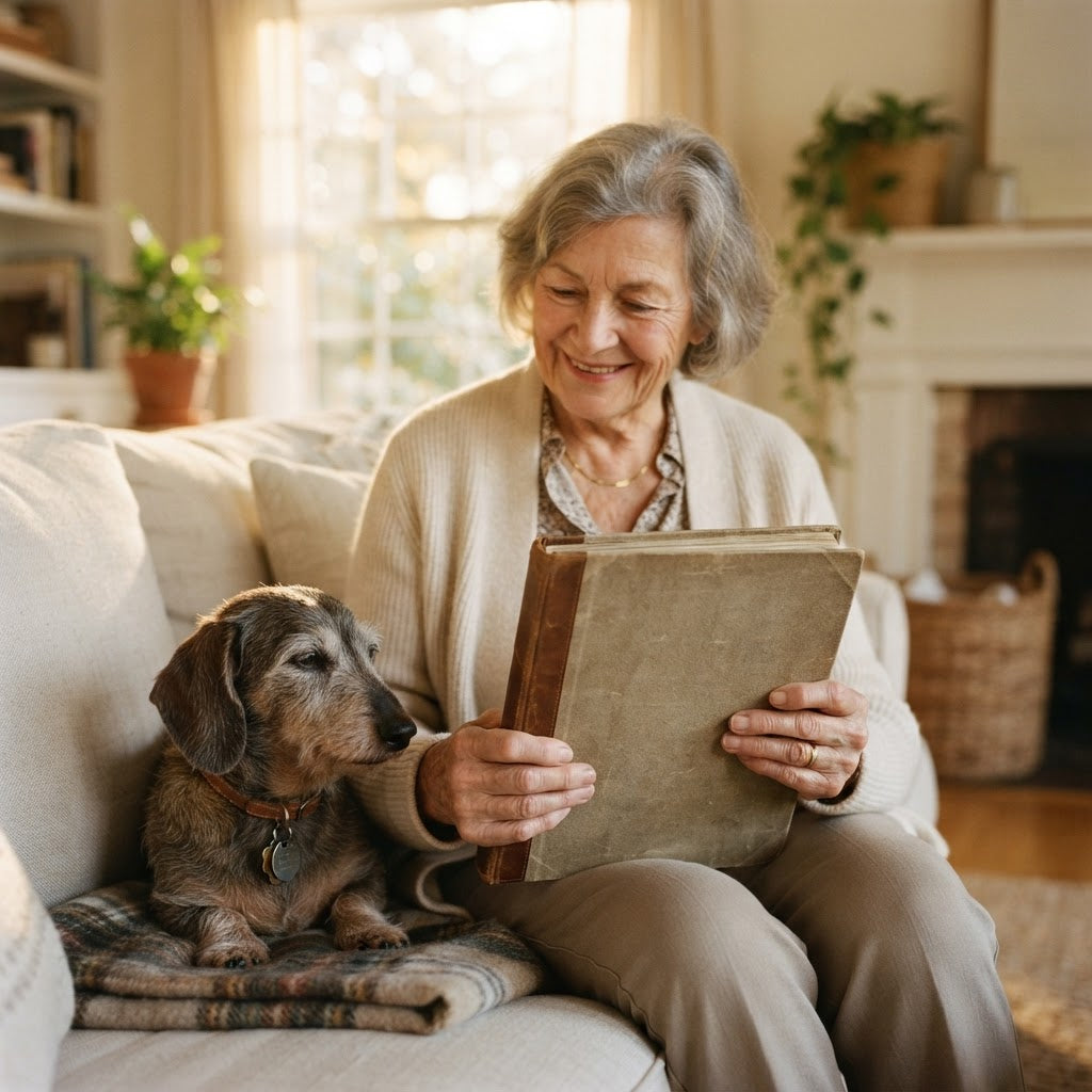 Senior woman smiling with her senior dachshund and the Emergency Binder