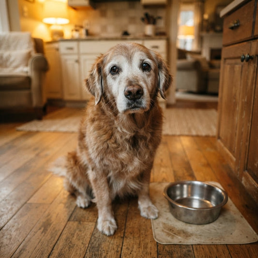 A golden retriever dog sits on a wooden floor in a cozy home kitchen setting, looking directly at the camera next to a stainless steel dog bowl on a small mat.