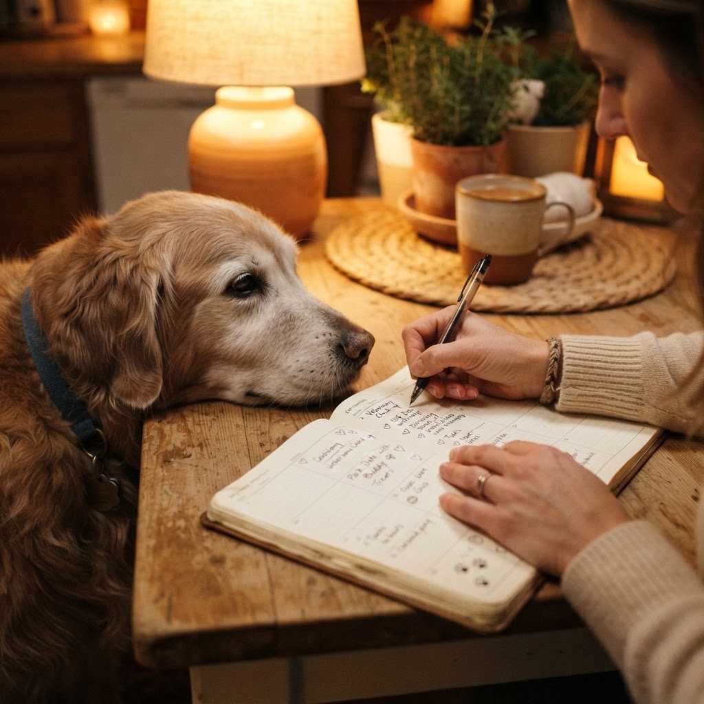 Senior dog resting chin on table watching dog mom write in care planner journal, warm cozy light