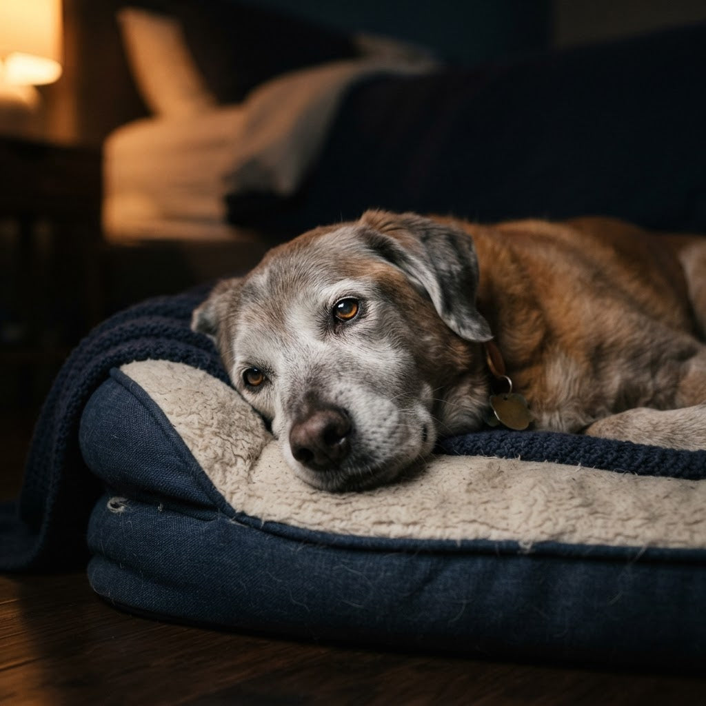 An older dog with gray and brown fur rests on a navy blue and beige fleece pet bed on a wooden floor in a dimly lit room.