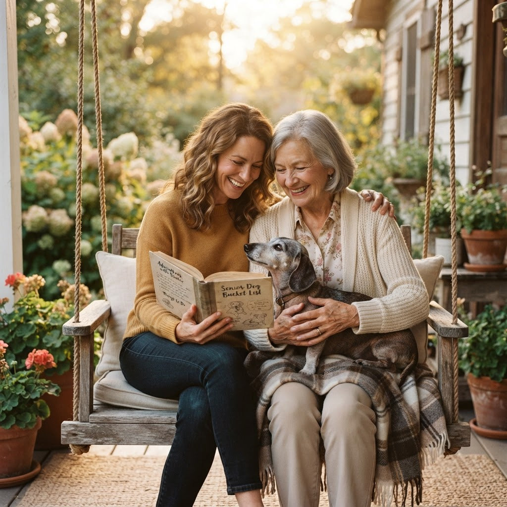 A woman and an older woman sit together on a porch swing holding a dachshund, with the younger woman reading an open book. The scene is set in a warm, sunlit garden porch environment with potted plants and wooden furniture.