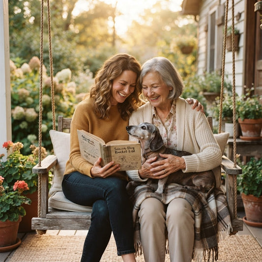 A woman and an older woman sit together on a porch swing holding a dachshund, with the younger woman reading an open book. The scene is set in a warm, sunlit garden porch environment with potted plants and wooden furniture.