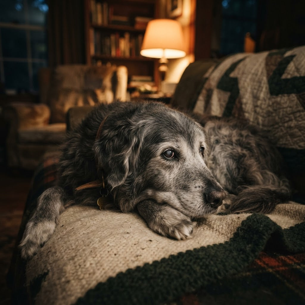 A gray long-haired dog rests on a cozy knit blanket draped over a couch in a warmly lit living room.