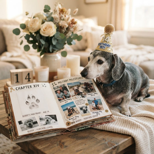 A gray dachshund wearing a gold '1st Birthday Boy' party hat sits on a beige knit blanket next to an open photo album on a wooden table in a cozy living room setting.
