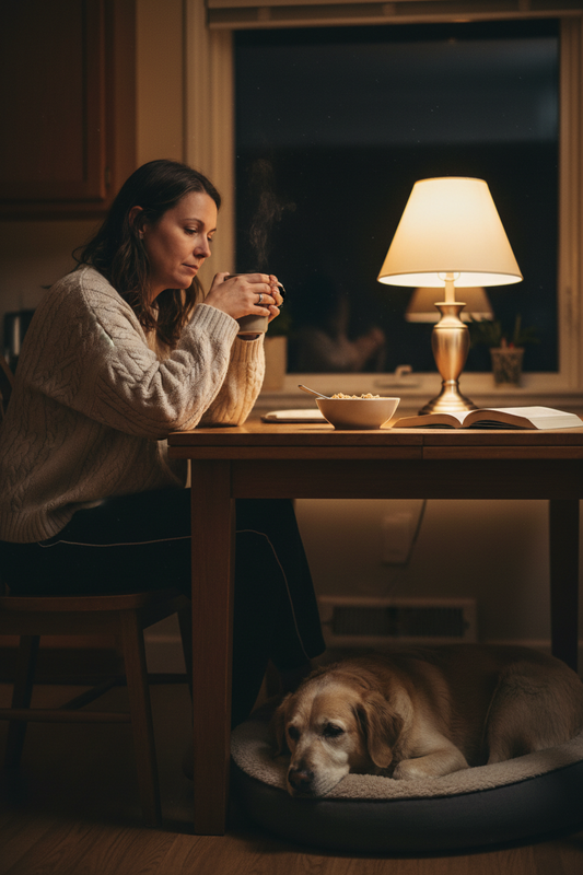 A woman sits at a wooden table in a warmly lit room, holding a mug beside a glowing table lamp, with a dog resting in a pet bed underneath the table. A bowl and an open book are on the table.
