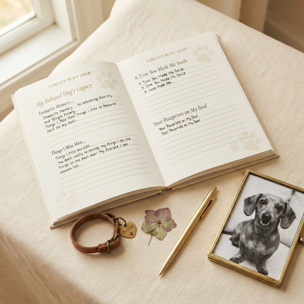 An open personalized memorial journal lies on a cream fabric surface next to a small gold-framed photo of a dachshund, a gold pen, a brown leather bracelet with a heart tag, and a pressed flower. The journal pages show printed poem templates and lined writing space.