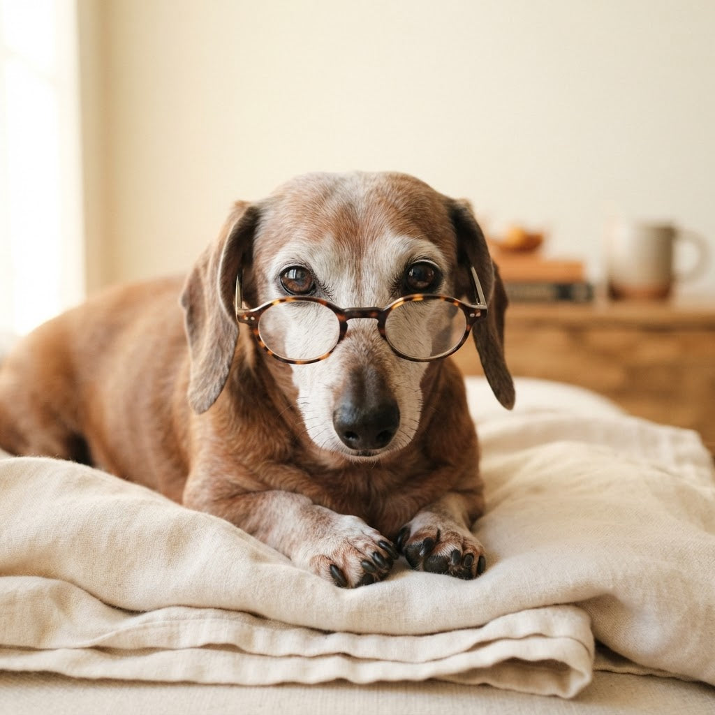 A brown dachshund lying on a cream-colored blanket, wearing round tortoiseshell eyeglasses in a cozy indoor setting.