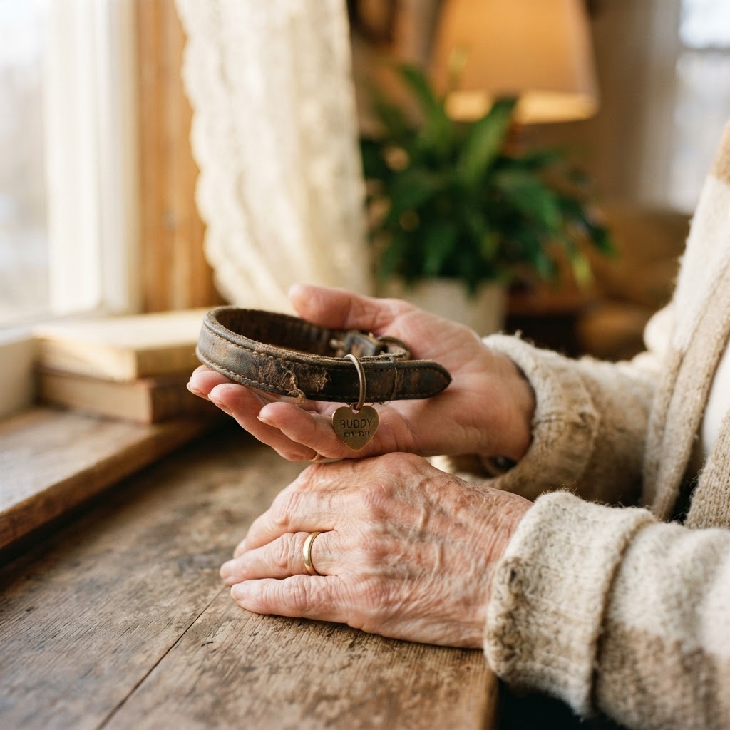 A person's hands holding a dark brown leather collar with a small round metal tag, set against a warm, softly blurred indoor background with a wooden table and window.