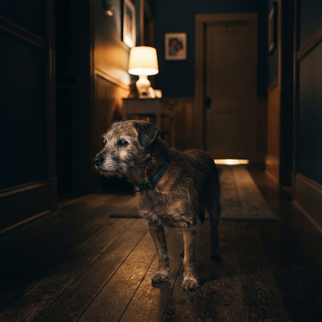 A scruffy brown dog wearing a blue collar stands on a dark wooden floor in a dimly lit hallway with a warm glowing lamp in the background.