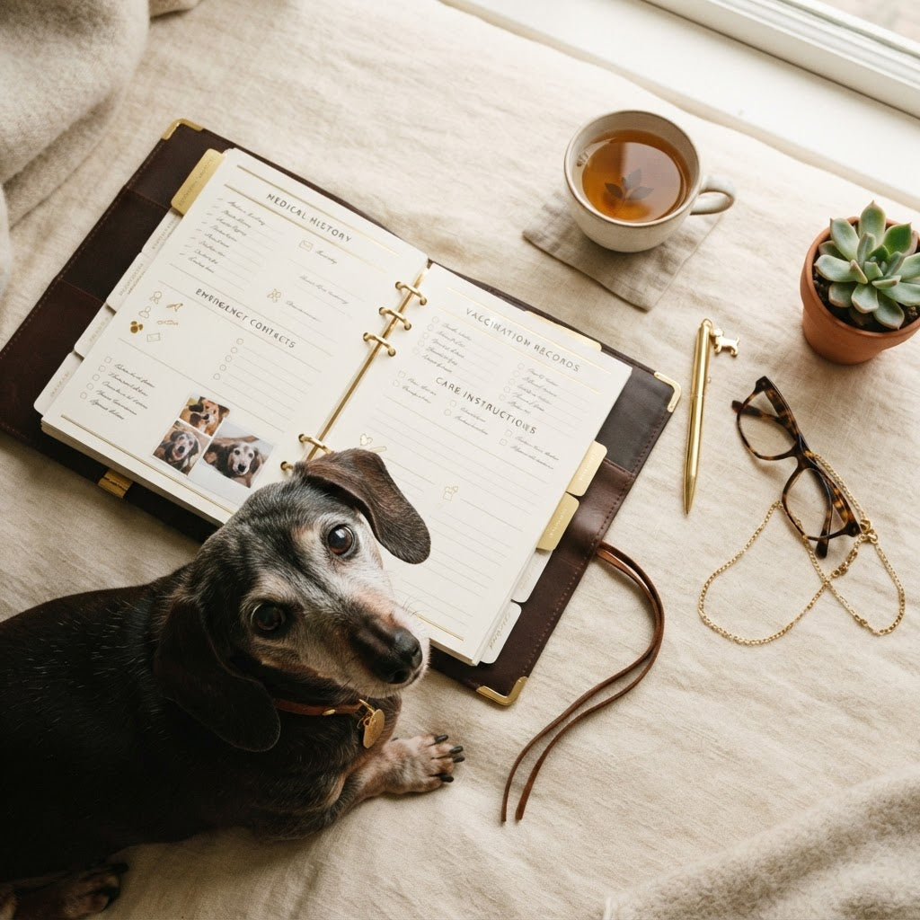 Senior dachshund with open Emergency Binder showing medical history and care instructions