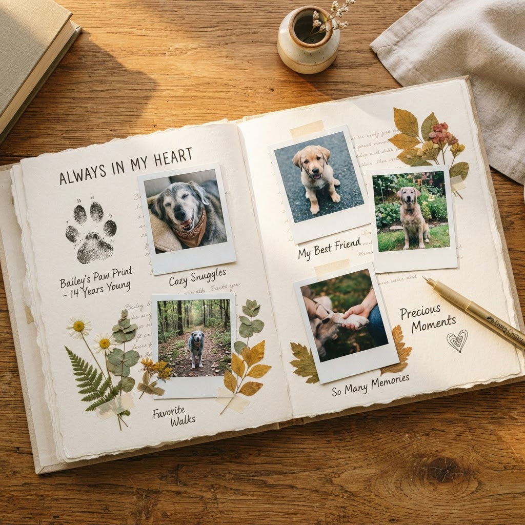 An open scrapbook-style photo album on a wooden table, decorated with pet photos, a paw print, pressed leaves, handwritten notes, and the text 'ALWAYS IN MY HEART' and 'My Best Friend.' A small vase, cloth, and book are visible around it.